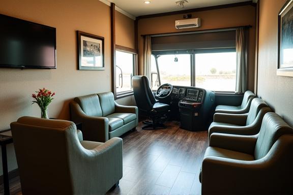 Comfortable driver lounge with seating and television