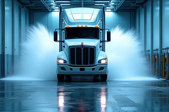 Clean truck being washed in a large bay