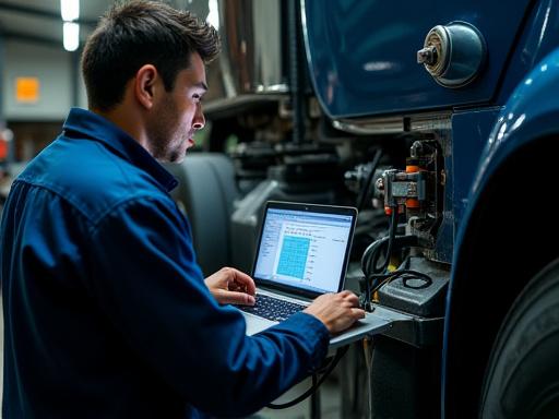 Mechanic using a laptop computer to diagnose a truck's engine
