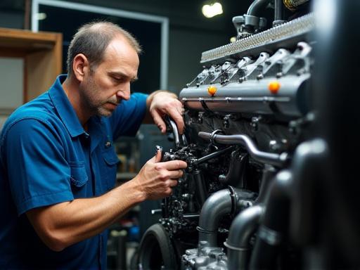 Mechanic working on a large diesel truck engine